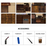 Magic Book Nook Kit components with laser cut wooden pieces accessories lamp wire tweezers and assembly manual