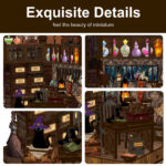 Magic Book Nook Kit miniature details showcase with potion bottles black cat witch hat books and fantasy interior decorations