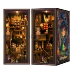 Dual view display of the Alchemy Master book nook, showcasing the illuminated potion workshop, miniature wizard characters, magical shelves, wooden structures and detailed fantasy artwork on the side panel.