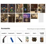 Parts and accessories overview of the Alchemy Master book nook kit, including printed wooden panels, acrylic panel, lamp wire, sanding tool, tweezers, stickers, cauldron and assembly manual.