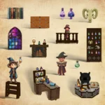 Miniature accessories overview of the Alchemy Master book nook, featuring wizard figures, potion bottles, books, wooden cabinets, a fireplace, a cauldron, a ram skull and magical workshop furniture.