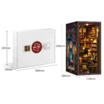 Package and finished size overview of the Alchemy Master book nook, showing a 300 × 190 × 40 mm box and an assembled model measuring 230 × 180 × 110 mm.