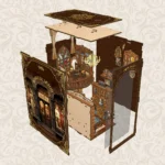 Royal Tailor Shop Book Nook exploded structure showing the miniature interior layout, outer panels and assembly components.