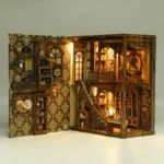 Ancient Book Collection Room DIY Book Nook Kit open interior view showcasing detailed library rooms, staircase and warm LED lighting