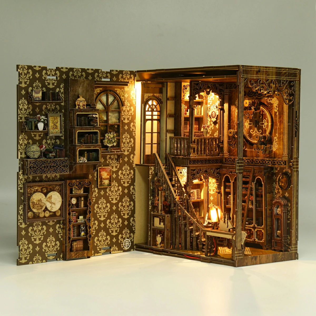 Ancient Book Collection Room DIY Book Nook Kit open interior view showcasing detailed library rooms, staircase and warm LED lighting