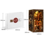 Royal Tailor Shop Book Nook size dimensions showing the miniature model height, width, depth and packaging measurements.