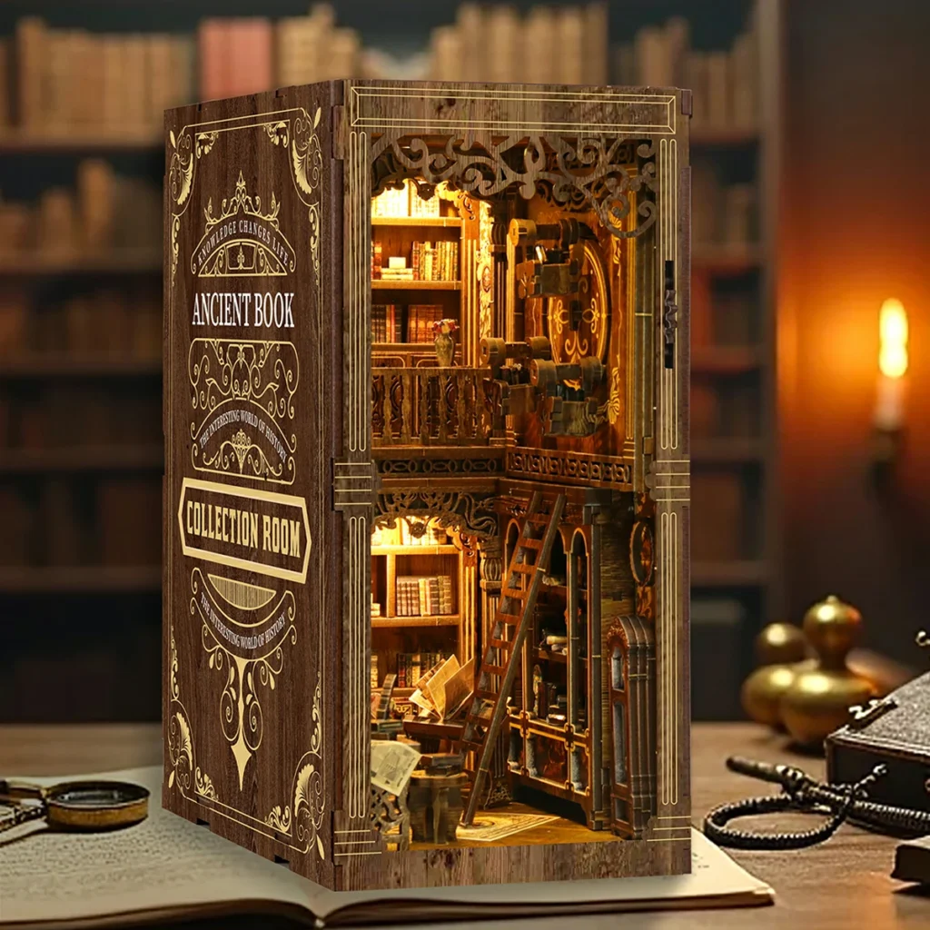 Ancient Book Collection Room DIY Book Nook Kit displayed on a home library desk with warm LED lighting and vintage bookshelf decor