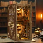 Ancient Book Collection Room DIY Book Nook Kit displayed on a home library desk with warm LED lighting and vintage bookshelf decor