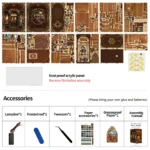 Royal Tailor Shop Book Nook kit parts overview showing wooden pieces, acrylic panel, accessories, tools and assembly manual included in the package.