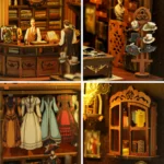 Royal Tailor Shop Book Nook miniature details showing a vintage tailor counter, clothing display, hats, fabrics and handcrafted accessories.