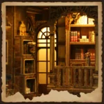 Royal Tailor DIY Book Nook Kit close-up of elegant bookshelves, arched doorway and handcrafted vintage library details