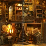 Royal Tailor DIY Book Nook Kit close-up collage highlighting handcrafted furniture, bookshelves, reading corner and vintage décor
