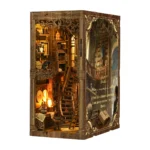 Ancient Book Collection Room DIY Book Nook Kit side angle view with antique library interior and LED lighting