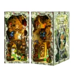 Secret World of the Forest Book Nook front and side view showing a fairy forest miniature scene with wooden house details and warm lighting.