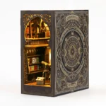 Astronomy Museum Book Nook DIY Kit designed as a vintage book with telescope room, astronomy patterns and warm LED lights