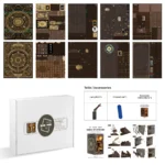 Museum of Astronomy Book Nook DIY kit parts overview featuring wooden pieces, accessories, LED lamp line, assembly manual and miniature components.