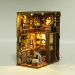 Magic Night Book Nook complete interior structure display featuring multi-level miniature rooms, warm LED lighting, potion shelves and handcrafted details.
