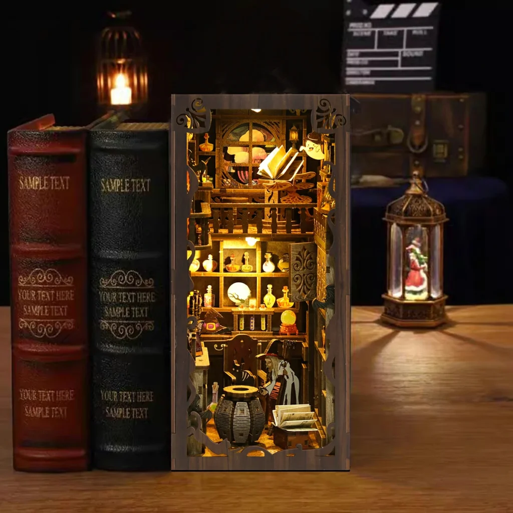 Magic Night Book Nook displayed on a bookshelf with warm LED lighting, miniature magic room, potion bottles and fantasy decorations.