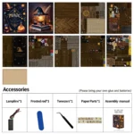 Magic Night Book Nook DIY Kit accessories and parts overview featuring wooden pieces, paper decorations, tools, LED components and assembly manual.