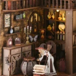 Secret World of the Forest Book Nook magical interior details featuring witch miniature, potion bottles, wooden shelves and fantasy decorations.