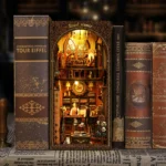 Royal Tailor Shop Book Nook final display featuring a vintage tailor shop interior, warm LED lighting, miniature furniture and elegant bookshelf decoration.