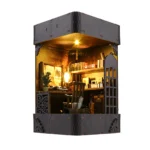 Detective Book Nook DIY miniature detective office with warm LED lighting, front view featuring vintage desk, bookshelf, shelves and realistic detective workspace