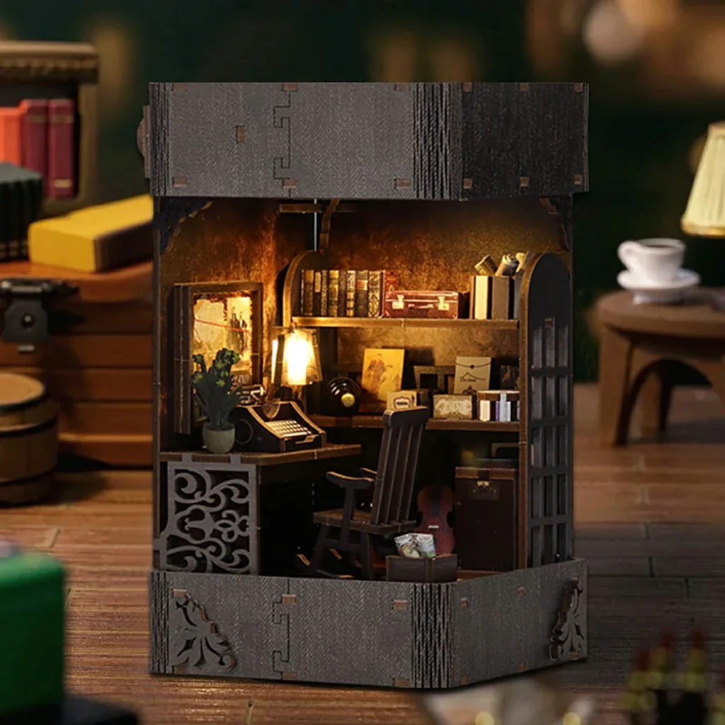 Detective Book Nook DIY miniature detective office displayed on a desk with warm LED lighting, vintage furniture and realistic bookshelf decor