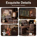 Detective Book Nook miniature office details featuring a vintage typewriter, bookshelves, violin, desk and realistic detective decor