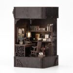 Front angle view of Detective Book Nook DIY kit featuring a miniature detective office, typewriter, bookshelf and realistic handcrafted details
