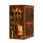 Illuminated angled view of the Philosophical Classics Library book nook, featuring tall bookshelves, a wooden ladder, classical busts, display cases, arched windows and ornate library details.