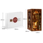 Package and finished size overview of the Philosophical Classics Library book nook, showing a 300 × 190 × 40 mm box and an assembled model measuring 230 × 180 × 110 mm.