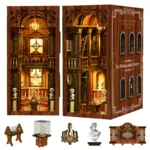 Multi-view display of the Philosophical Classics Library book nook, featuring illuminated library interiors, arched windows, classical busts, a chandelier, display tables and miniature museum accessories.