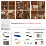Parts and accessories overview of the Philosophical Classics Library book nook kit, including printed wooden panels, a dustproof acrylic panel, lamp wire, sanding tool, tweezers, stickers, decorative parts and an assembly manual.