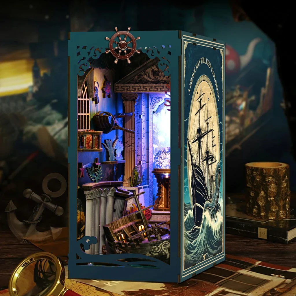 Underwater World Book Nook final display featuring a deep sea adventure scene, ship wheel decoration, underwater ruins and glowing miniature details.