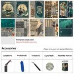 Underwater World Book Nook DIY kit components including wooden boards, acrylic panel, LED light, crystal ball and assembly accessories.