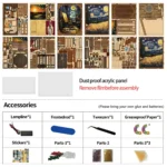 Parts and accessories overview of the World in a Frame book nook kit, including printed wooden panels, dustproof acrylic panels, lamp wire, sanding tool, tweezers, stickers, decorative materials and assembly components.