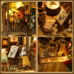 Detail collage of the World in a Frame book nook, featuring miniature easels, paintings, brushes, art supplies, a classical bust, wooden furniture and warm studio lighting.