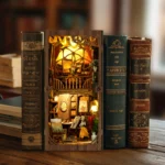 The World in a Frame book nook displayed between vintage books, featuring a warmly illuminated two-level art studio with easels, paintings, shelves and miniature furniture.