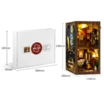 Package and finished size overview of the World in a Frame book nook, showing a 300 × 190 × 40 mm box and an assembled model measuring 230 × 180 × 110 mm.