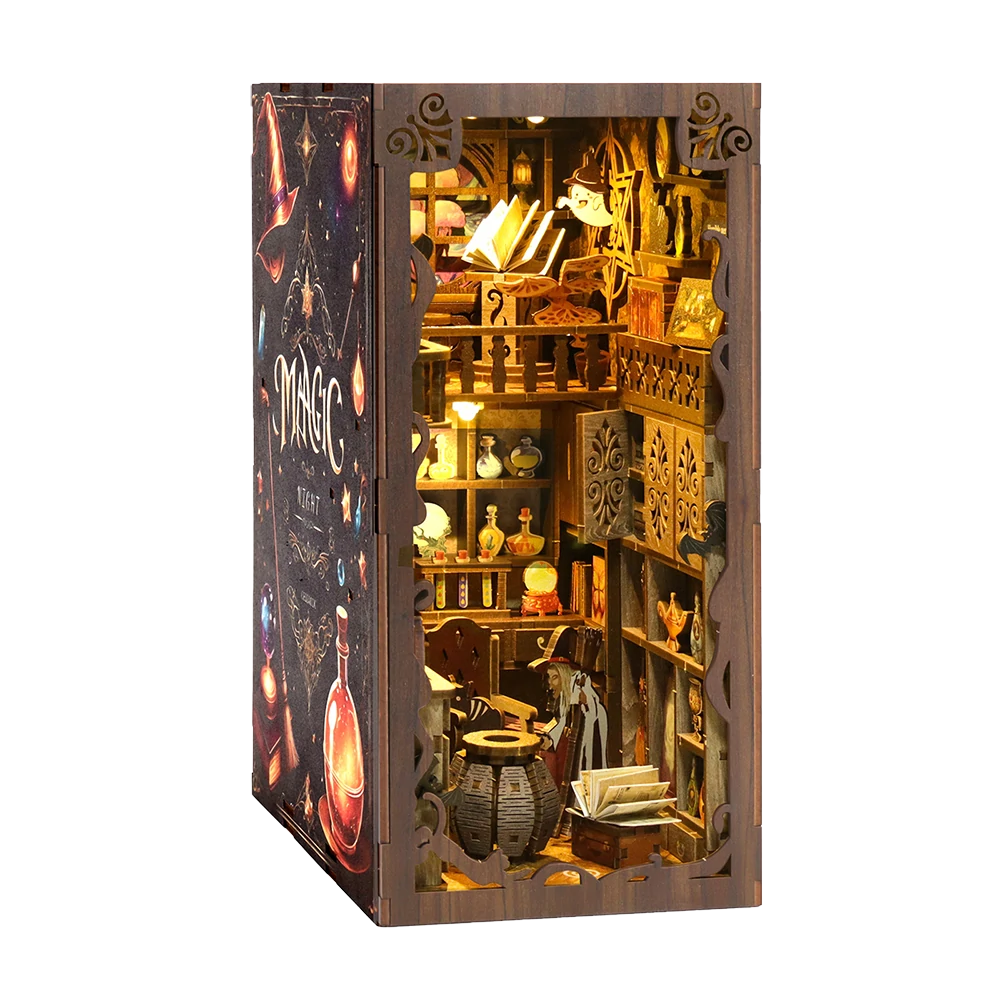 Illuminated angled view of the Magic World book nook, featuring potion bottles, open books, a cauldron, wooden shelves, magical decor and warm miniature lighting.