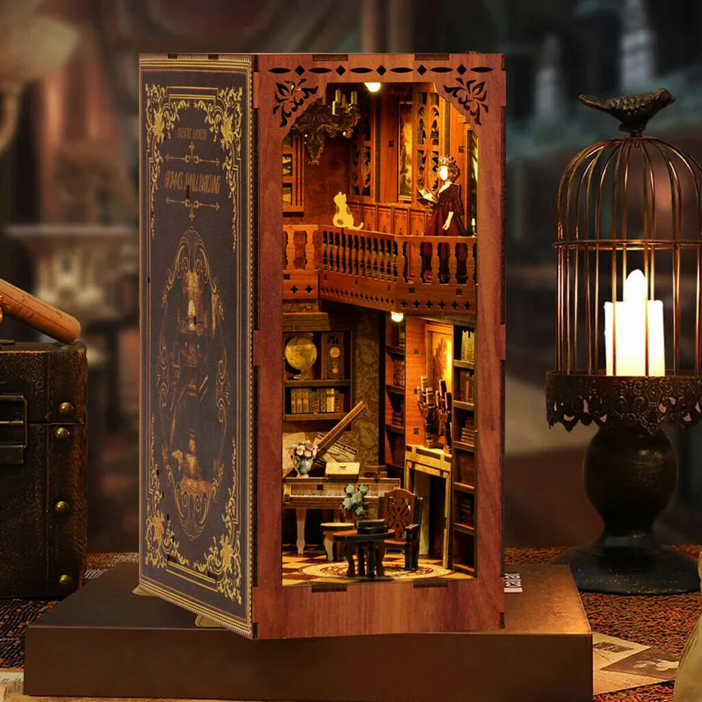 Fairy Book Nook DIY Kit miniature mansion interior with library, balcony, wooden details and warm LED lighting
