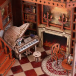 Fairy Book Nook DIY Kit miniature library room with piano, fireplace, bookshelves and warm LED lighting