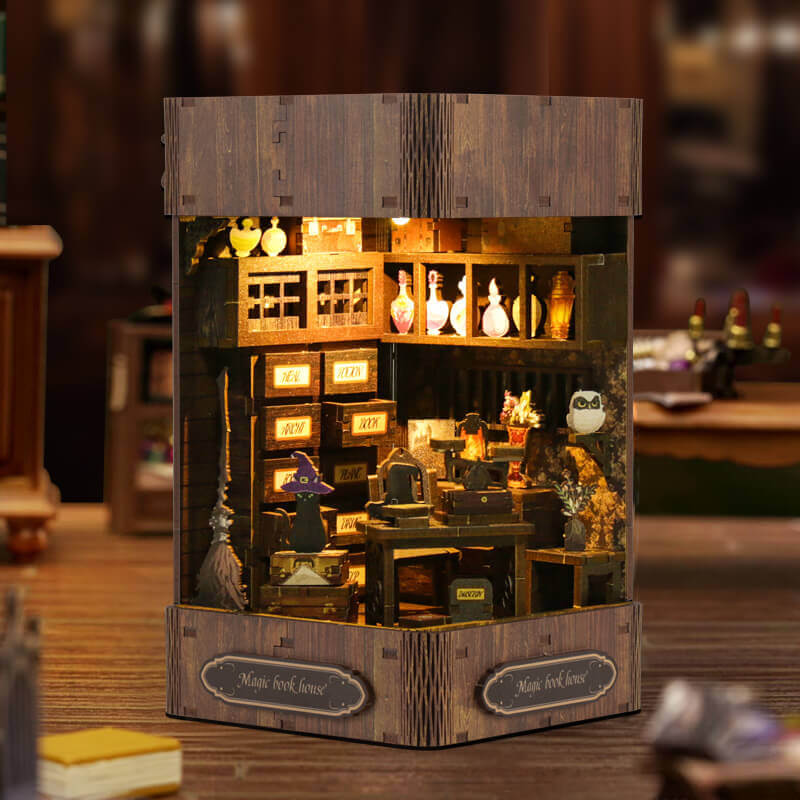 Magic Potion Book Nook DIY miniature magic shop with warm LED lighting, potion shelves and detailed bookshelf decor display