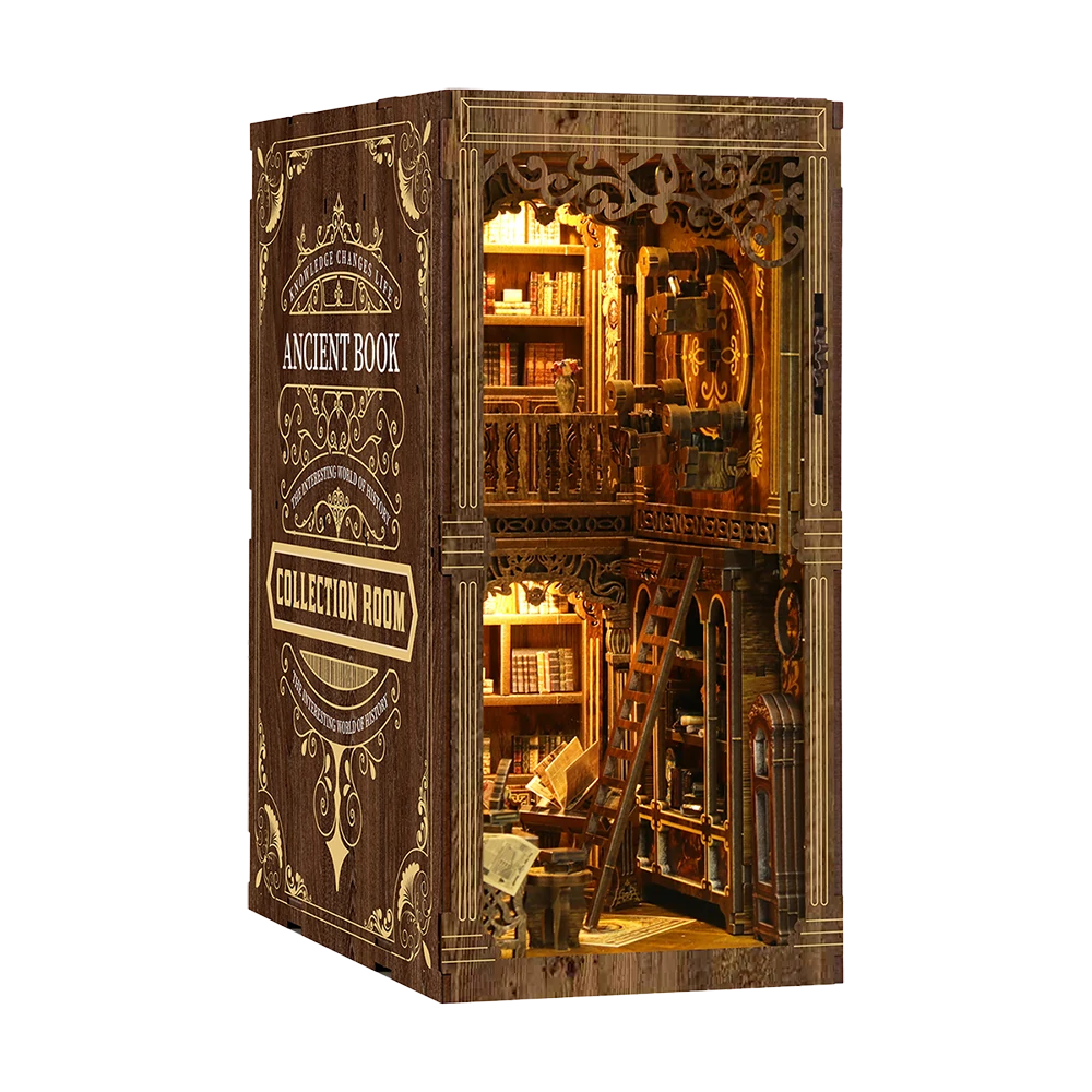 Illuminated angled view of the Ancient Book Collection Room book nook, featuring tall bookshelves, a wooden ladder, antique books, carved railings and intricate vintage library details.