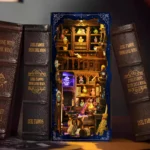 Magic Potion Book Nook bookshelf display featuring a glowing miniature potion room, magical bottles, wooden shelves and fantasy decorations.