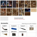 Magic Potion Book Nook kit parts overview showing wooden pieces, miniature accessories, magic broom, potion decorations and assembly tools.