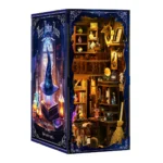Magic Potion Book Nook side view finished display featuring fantasy cover artwork, potion shelves and illuminated miniature interior.