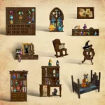 Magic Potion Book Nook miniature accessories display featuring potion bottles, furniture, shelves and magical decorations.