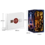 Magic Potion Book Nook showing product dimensions, package size and complete miniature bookshelf kit details.
