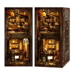 Serenity Coffee House book nook front and angled final display, showcasing the miniature café interior with warm LED lighting, handcrafted wooden details and realistic coffee shop atmosphere.
